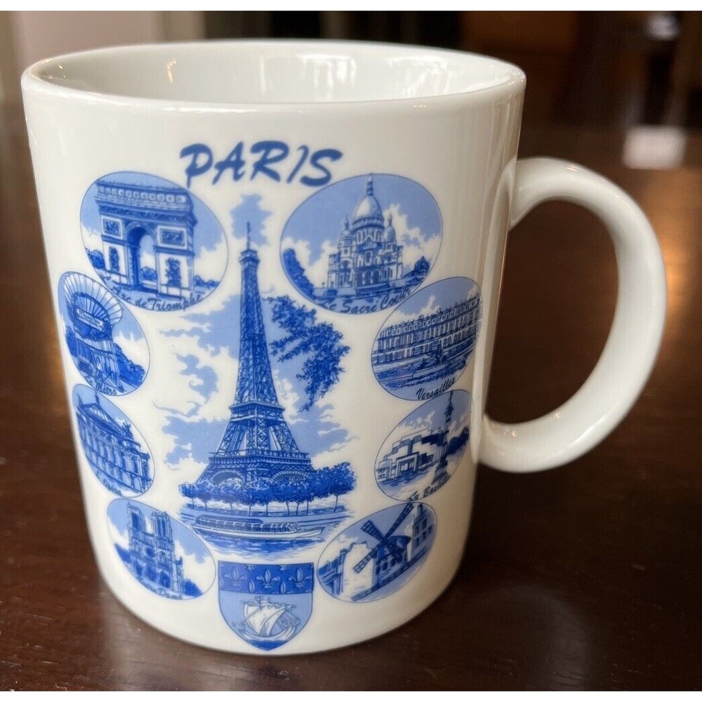Vintage Paris Blue on White Landmark Mug, Eiffel Tower, Arc de Triomphe, more